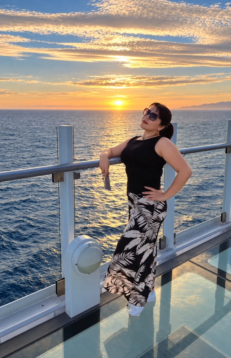 Mirza con gafas de sol en la cubierta de un crucero frente al mar al atardecer
